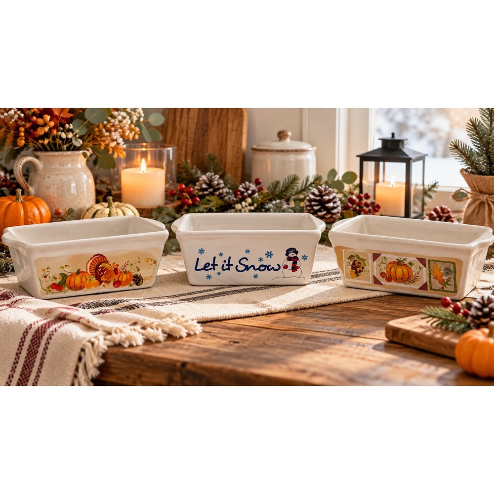 Holiday Ceramic Mini Loaf Pan Set 3pc Thanksgiving Fall Snowman 13oz Bakeware